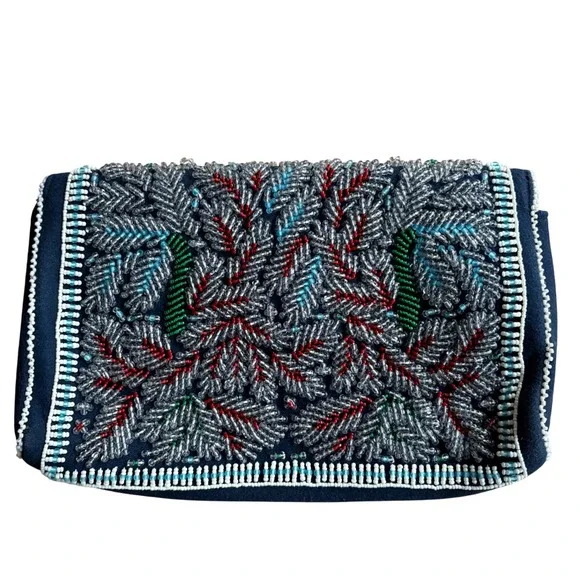 NWT TORY BURCH Indian Beaded Clutch Navy Blue Felt Purse, Designer Handbag - Picture 2 of 10